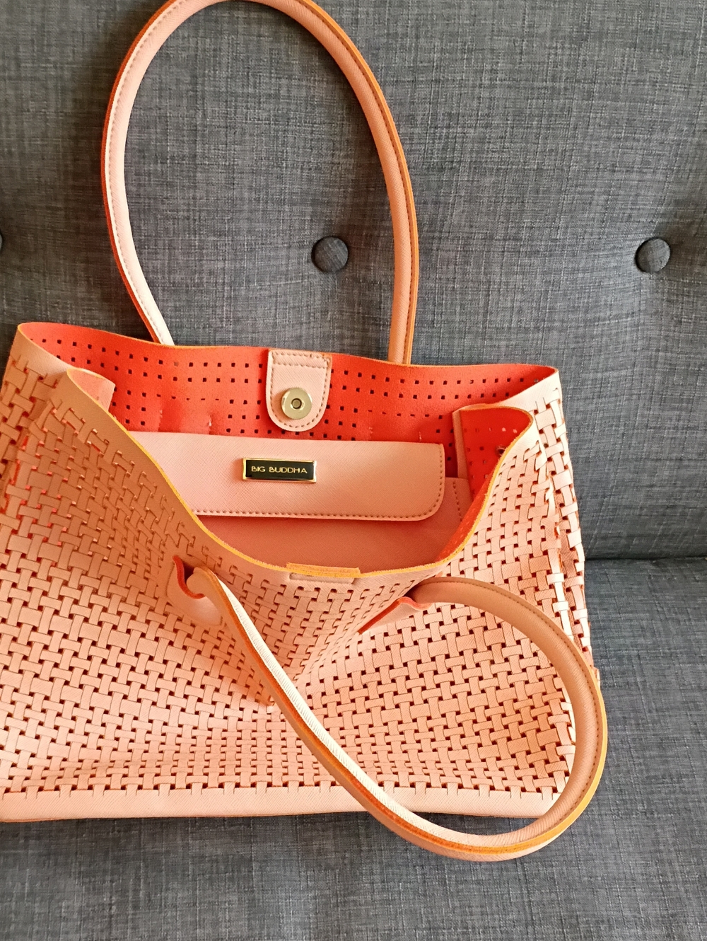 Big Buddha Coral-Orange Woven Tote